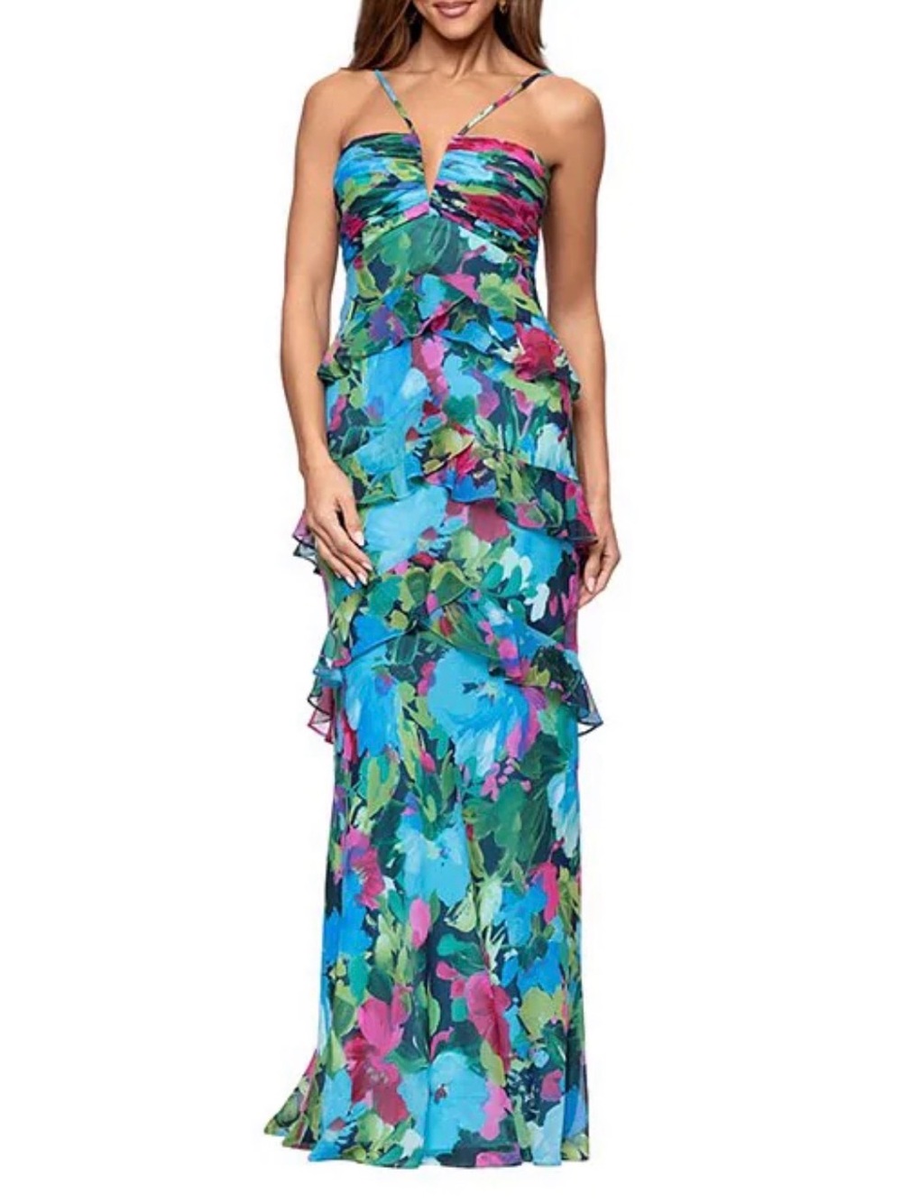 Xscape Blue Multi Floral Ruffle Tier Maxi Dress